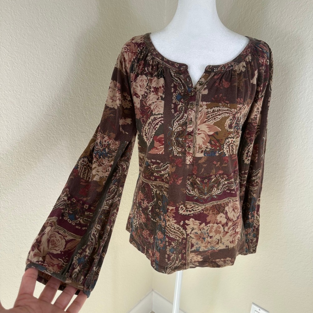 Lauren Ralph Lauren Henley Top Women Medium Brown Floral Paisley Boho Patchwork